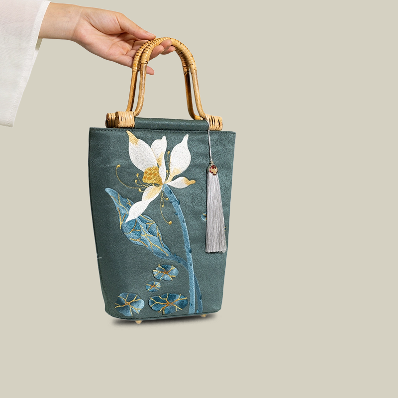 Lotus Embroidered Tote Bag with Bamboo Handle
