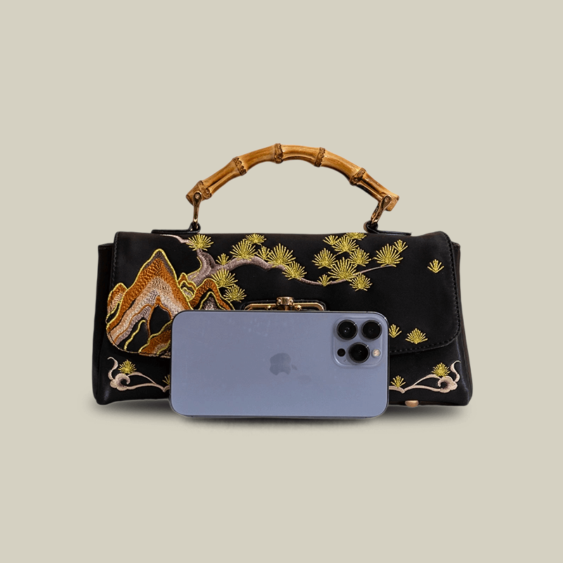 Mountain Pine Embroidered Boston Bag with Bamboo Handle