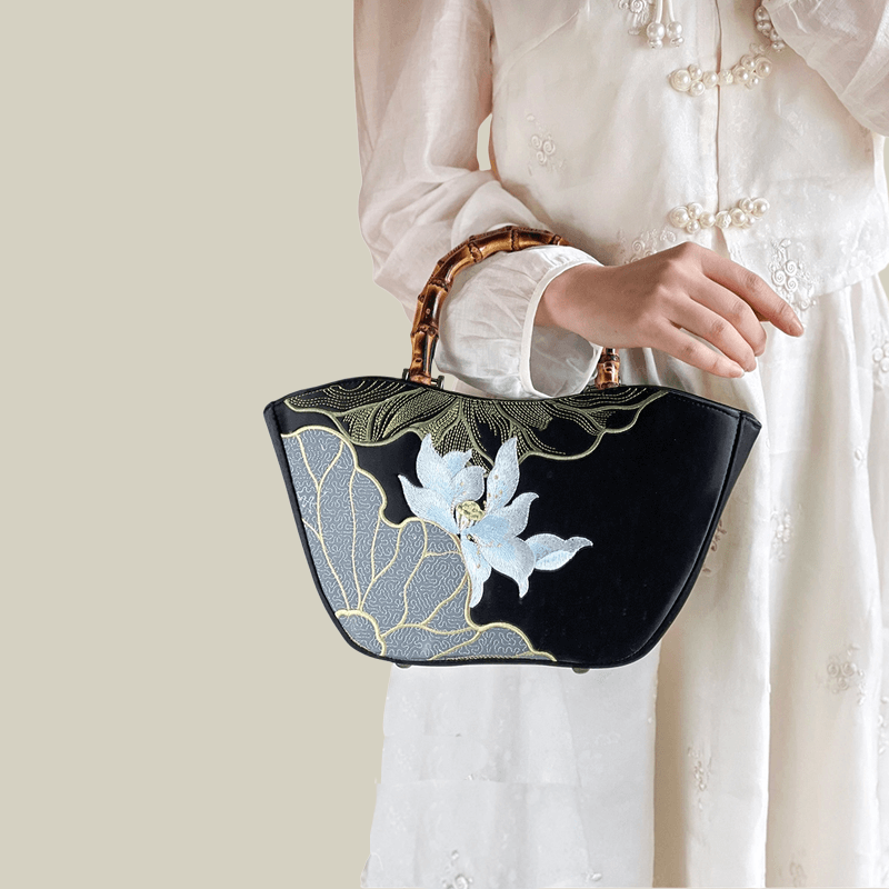 Lotus Embroidery Bamboo Handle Tote Bag