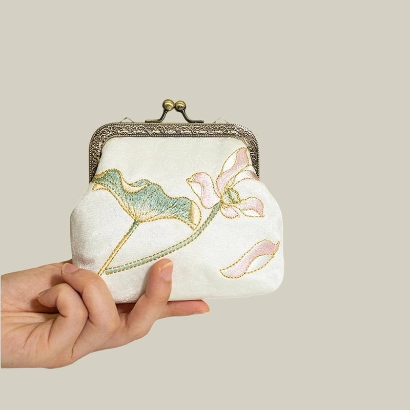 Mini Lotus Blossom Embroidered Coin Purse with Metal Kiss-Lock