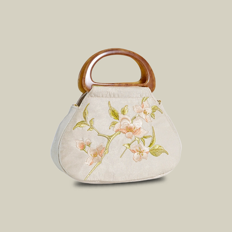Peony Bloom White Embroidered Handbag with Wooden Handle