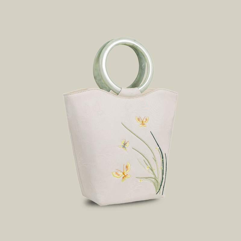 White Lotus Embroidered Tote Bag with Green Acrylic Handle
