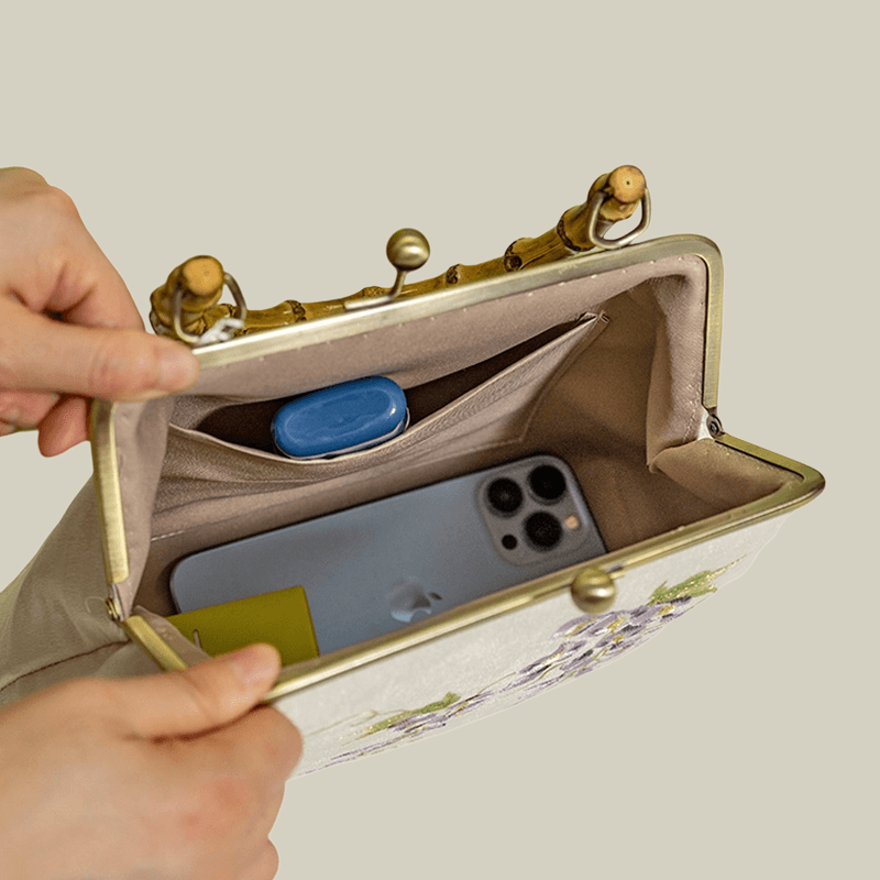 Swallow Embroidered Bamboo Handle Bag with Kiss-Lock