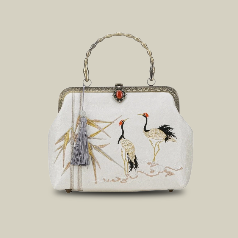 Twin Birds in Bamboo Embroidered Handbag