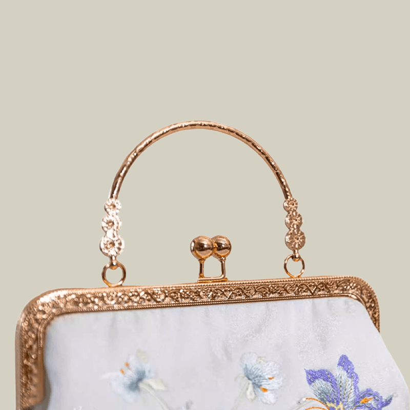 Butterfly Embroidered White Kiss-Lock Handbag