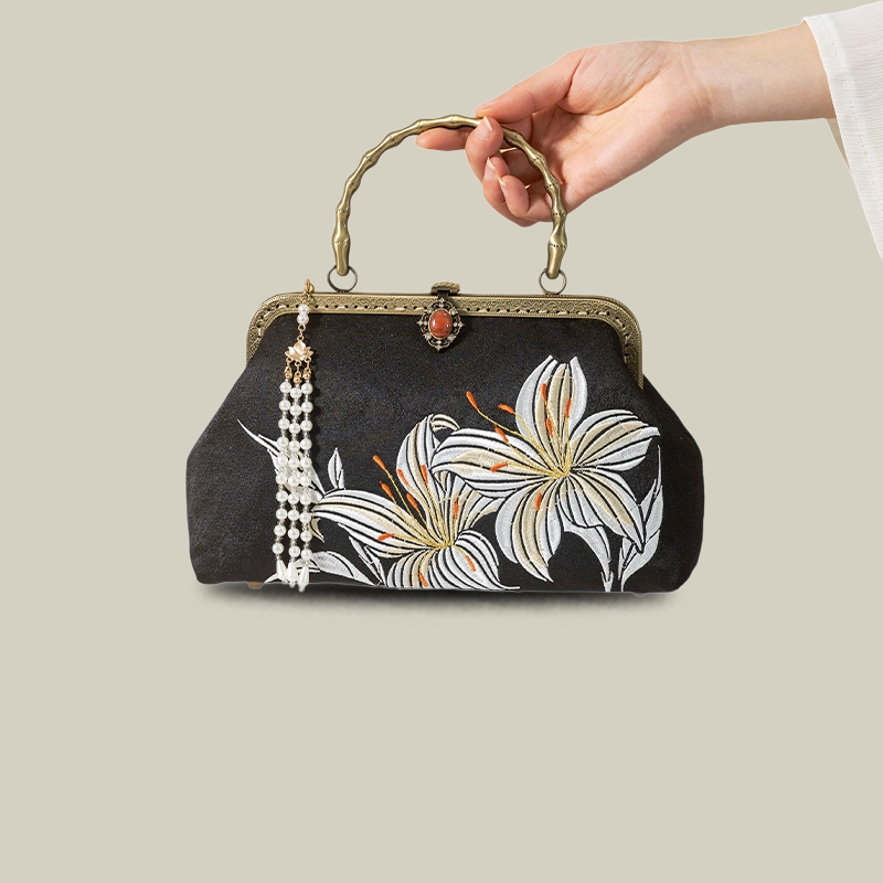 Lily Embroidered Handbag with Pearl Tassel