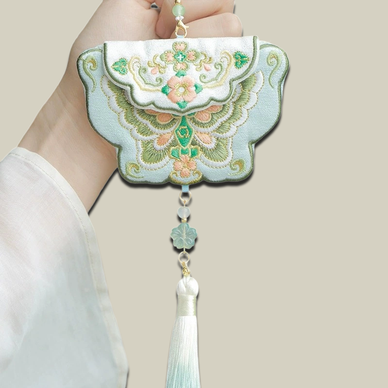 Handmade Butterfly Embroidered Sachet Pendant with Floral Tassel
