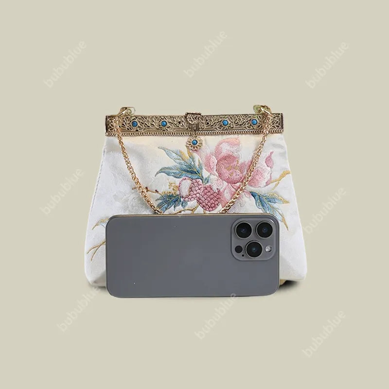 Vintage Lychee Embroidered Satin Handbag with Metal Beads