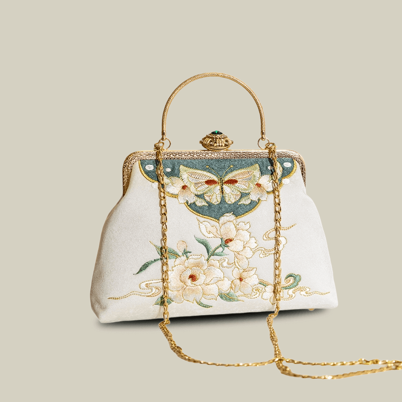 Butterfly Garden Embroidered White Handbag with Gem Lock