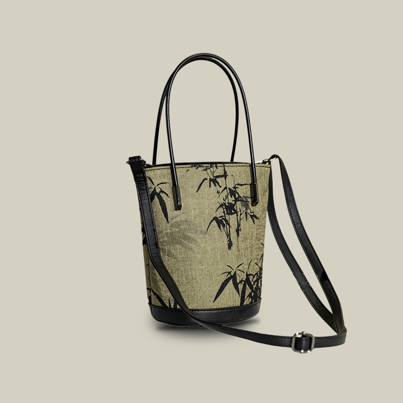 Ink Bamboo Printed Green Bucket Bag with Leather Strap