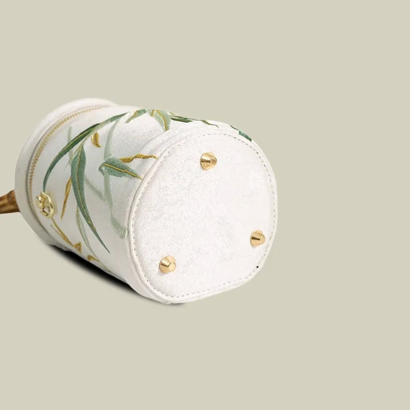 Vintage Bamboo Embroidered Bucket Bag with Bamboo Handle