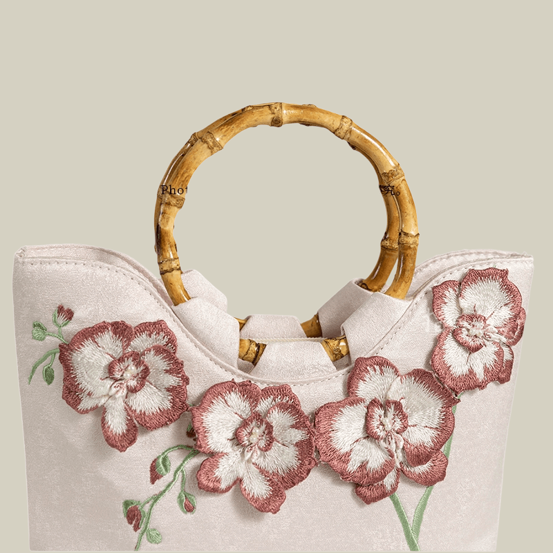 3D Embroidered Flowers & Bamboo Handle White Tote Bag