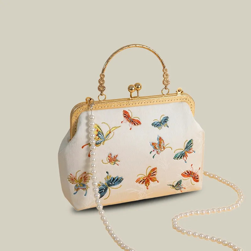 Butterfly Garden Embroidered Handbag with Vintage Metal Kiss-Lock