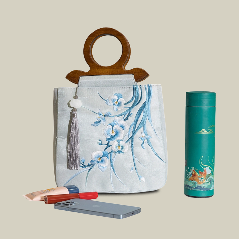 Phalaenopsis Whisper Embroidered Tote with Wooden Handle