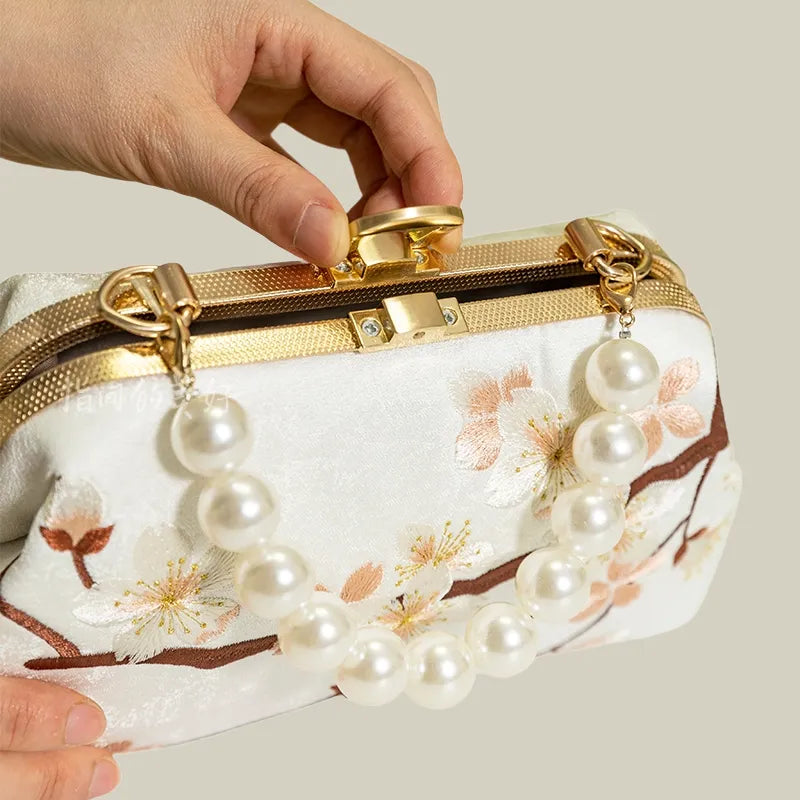 Plum Bossom Embroidered Beige White Vintage Handbag with Pearl Handle