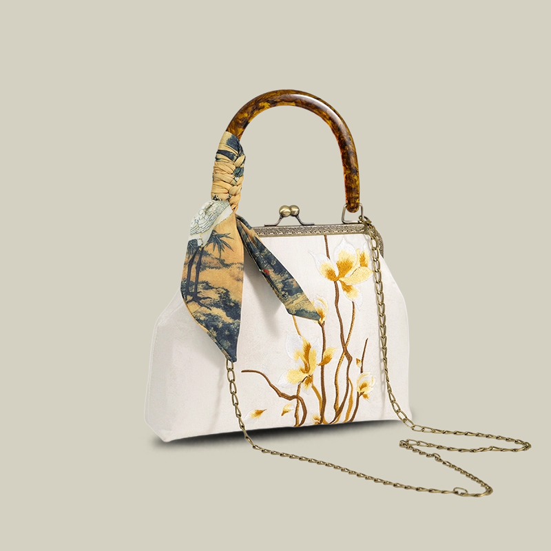 Floral Embroidered Kiss-Lock Handbag with Silk Scarf