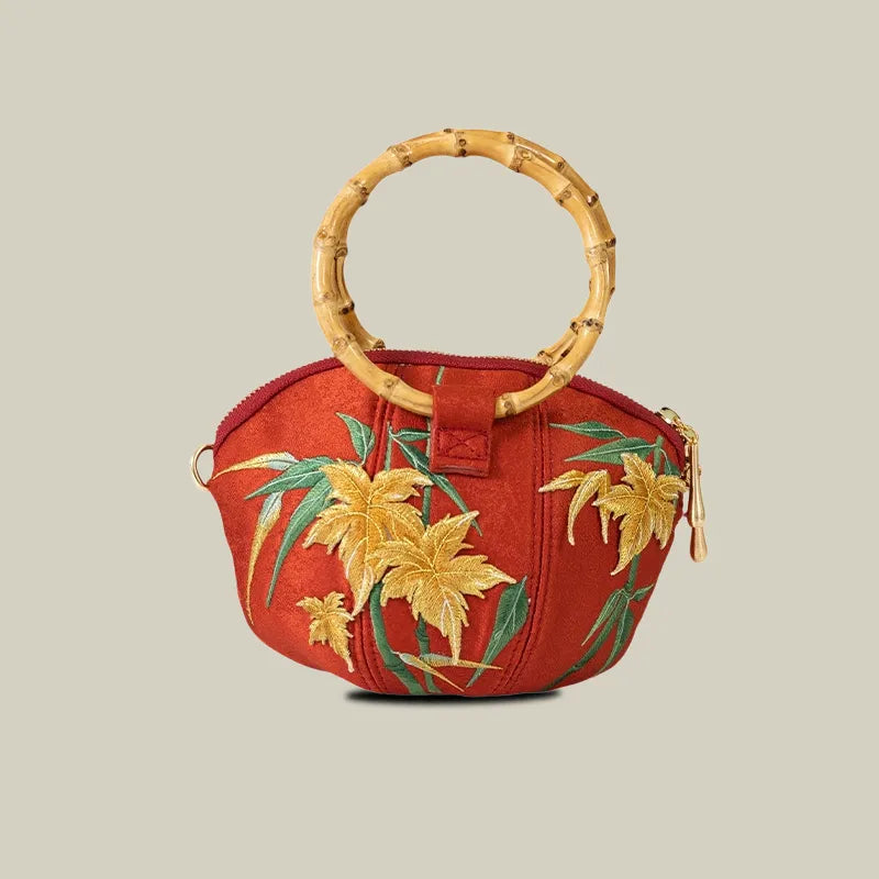 Maple Leaf Embroidered Pumpkin Handbag with Bamboo Handle