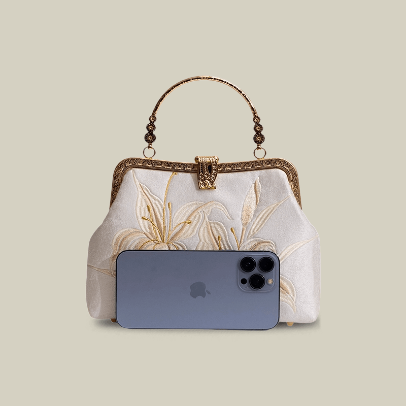 Lily Embroidered Pearl Handle Handbag with Metal Lock