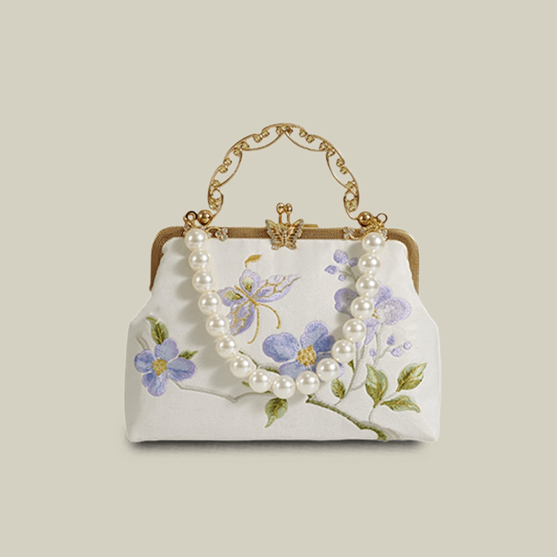 Butterfly Embroidered White Handbag with Metal Kiss-Lock