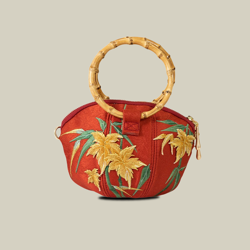 Maple Leaf Embroidered Shell Handbag with Bamboo Handle