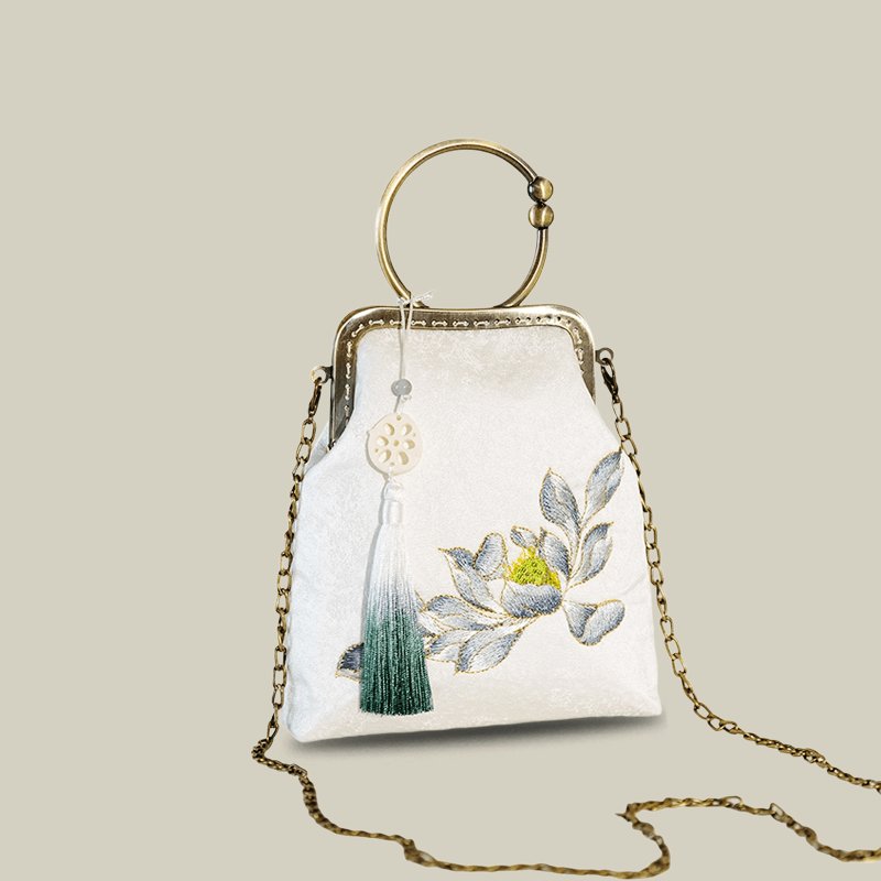 White Lotus Pod Embroidery Handbag with Kiss-Lock