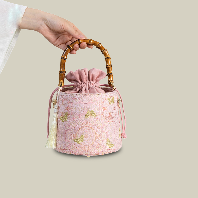 Golden Butterfly Embroidered Bucket Bag(Pink/Purple)