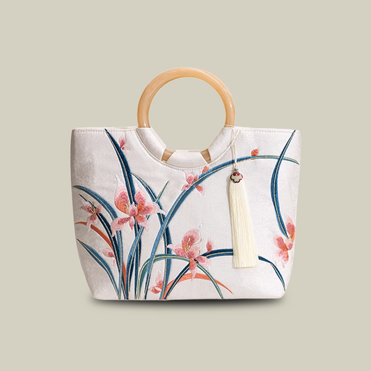 Large Capacity Orchid Bloom Embroidered Tote Bag with Acrylic Handle