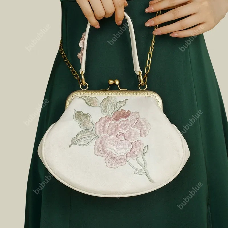 Vintage Begonia Embroidered Shell Satin Handbag with Pearl Chain