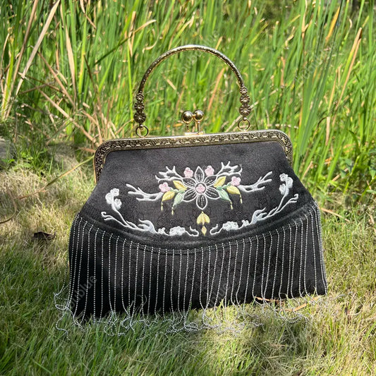 Floral Embroidered Vintage Black Evening Bag with Tassel