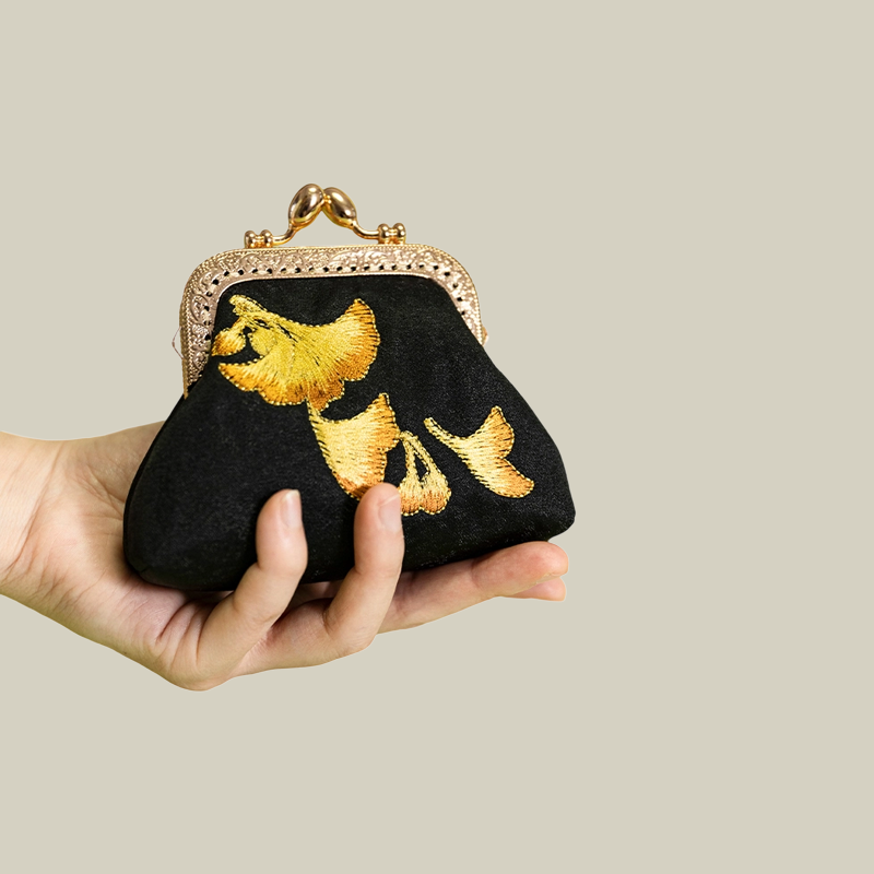 Ginkgo Embroidered Mini Kiss-Lock Purse with Pearl Chain