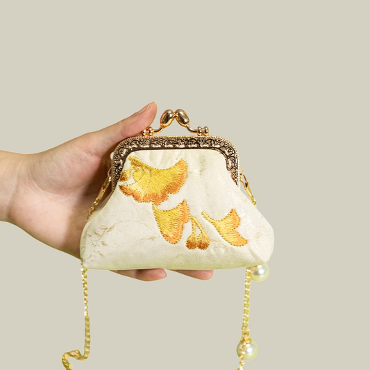 Ginkgo Embroidered Mini Kiss-Lock Purse with Pearl Chain