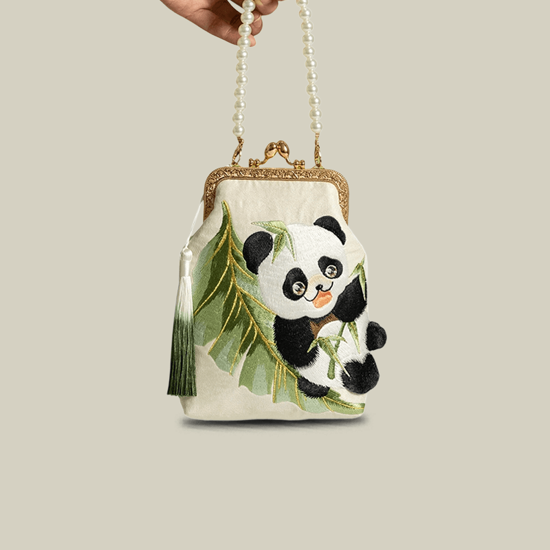 Cute Panda Embroidered Crossbody Bag with Pearl Strap