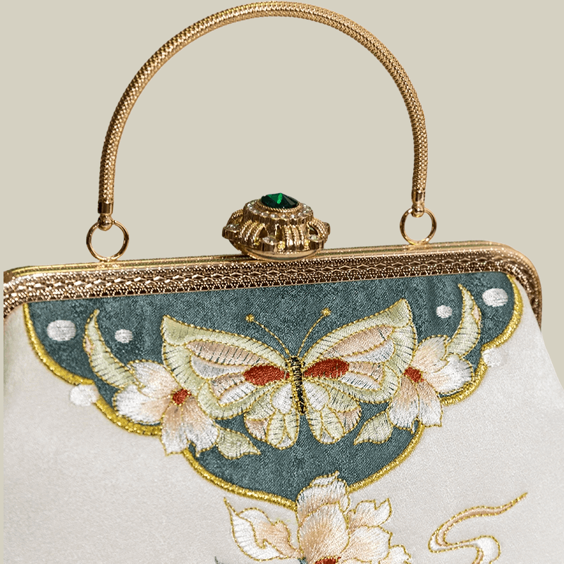 Butterfly Garden Embroidered White Handbag with Gem Lock