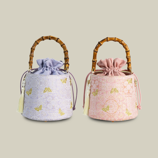 Golden Butterfly Embroidered Bucket Bag(Pink/Purple)