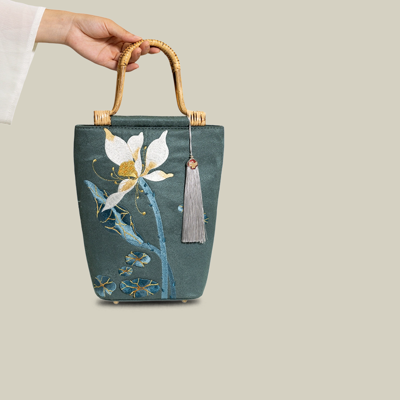 Lotus Embroidered Tote Bag with Bamboo Handle
