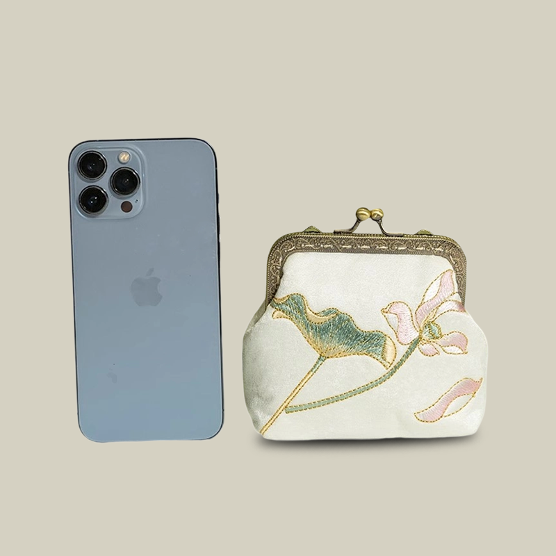 Mini Lotus Blossom Embroidered Coin Purse with Metal Kiss-Lock