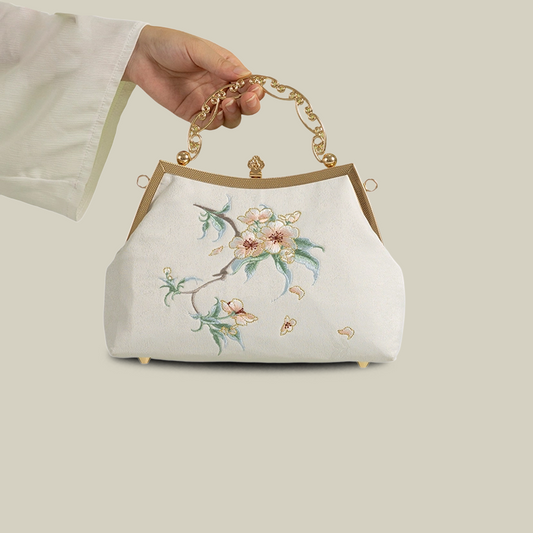 White Pear Blossom Embroidered Handbag with Pearl Tassel