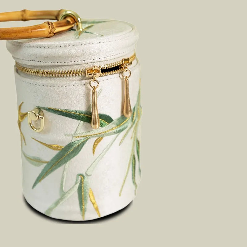 Vintage Bamboo Embroidered Bucket Bag with Bamboo Handle