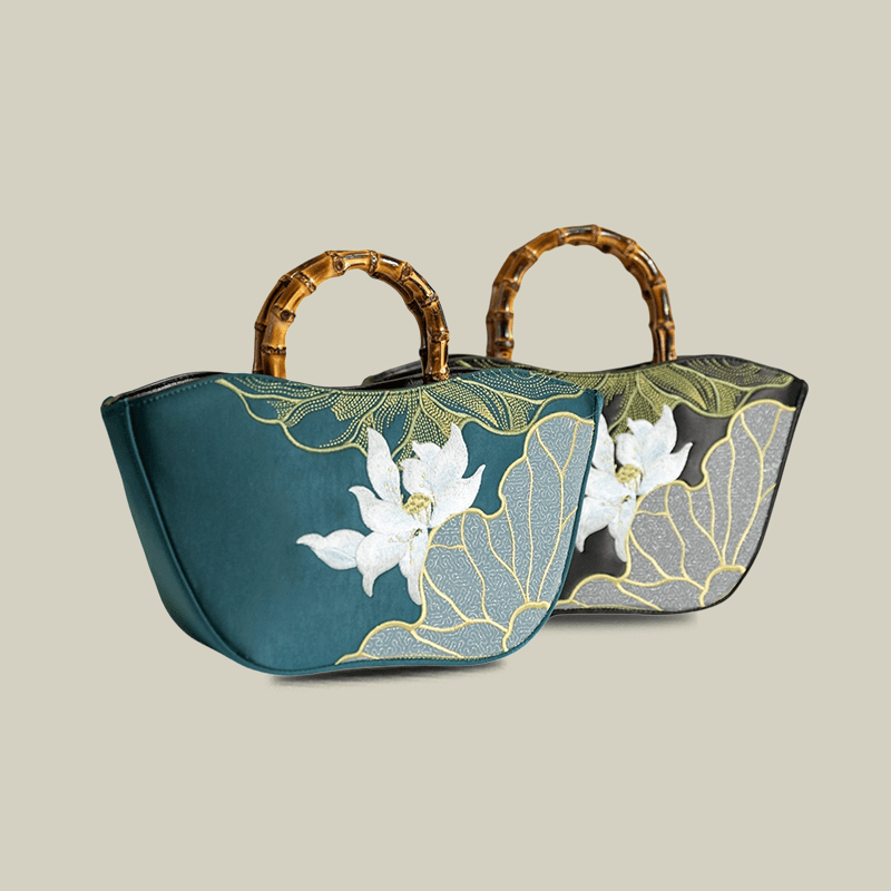 Lotus Embroidery Bamboo Handle Tote Bag