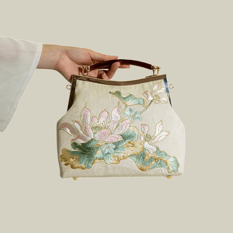 Embroidered Lotus Square Kiss-Lock Handbag with Acrylic Handle