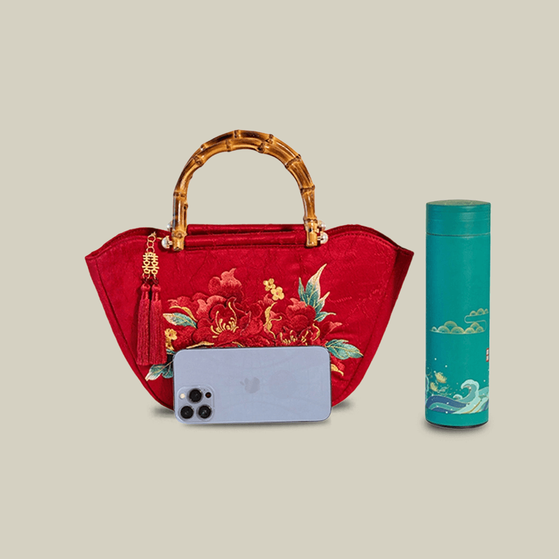 Red Peony Bloom Embroidered Tote Bag with Bamboo Handle
