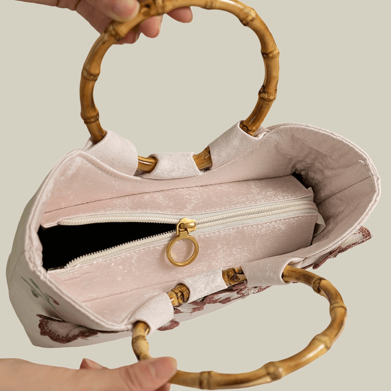 3D Embroidered Flowers & Bamboo Handle White Tote Bag