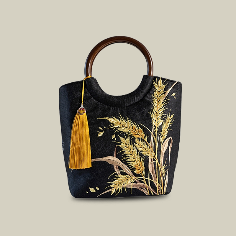 Golden Wheat Embroidered Tote Bag with Tassel