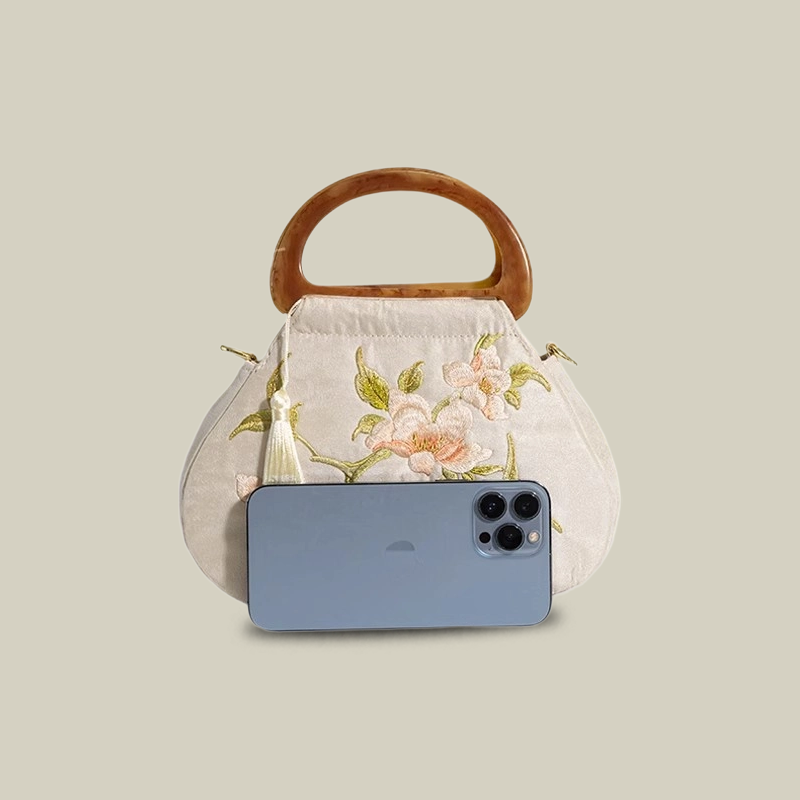 Peony Bloom White Embroidered Handbag with Wooden Handle