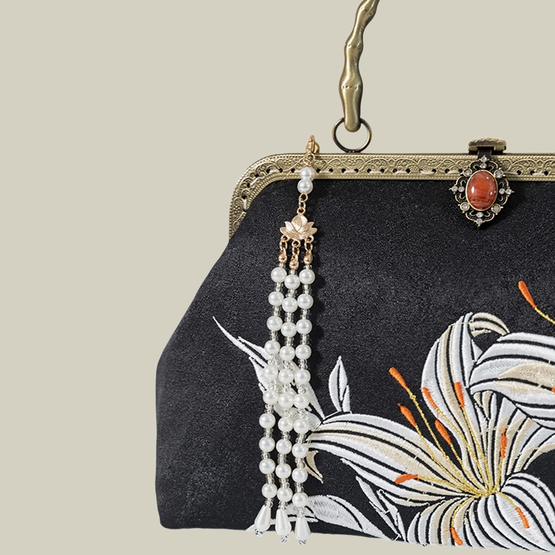 Lily Embroidered Handbag with Pearl Tassel