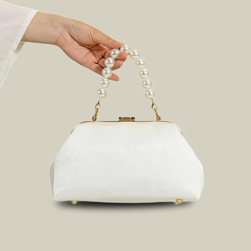 Plum Bossom Embroidered Beige White Vintage Handbag with Pearl Handle