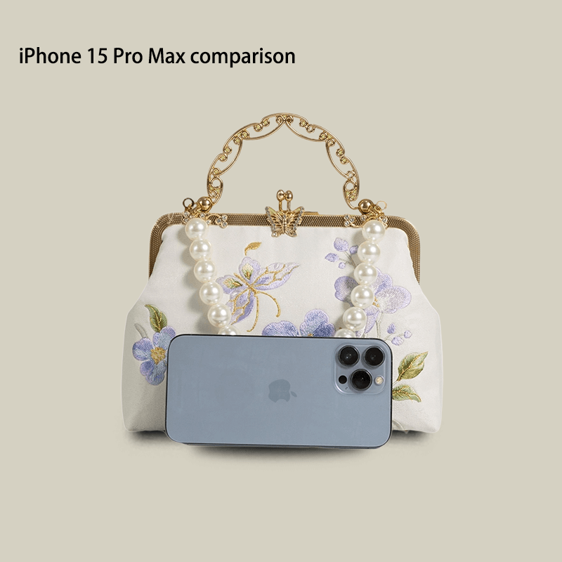 Butterfly Embroidered White Handbag with Metal Kiss-Lock