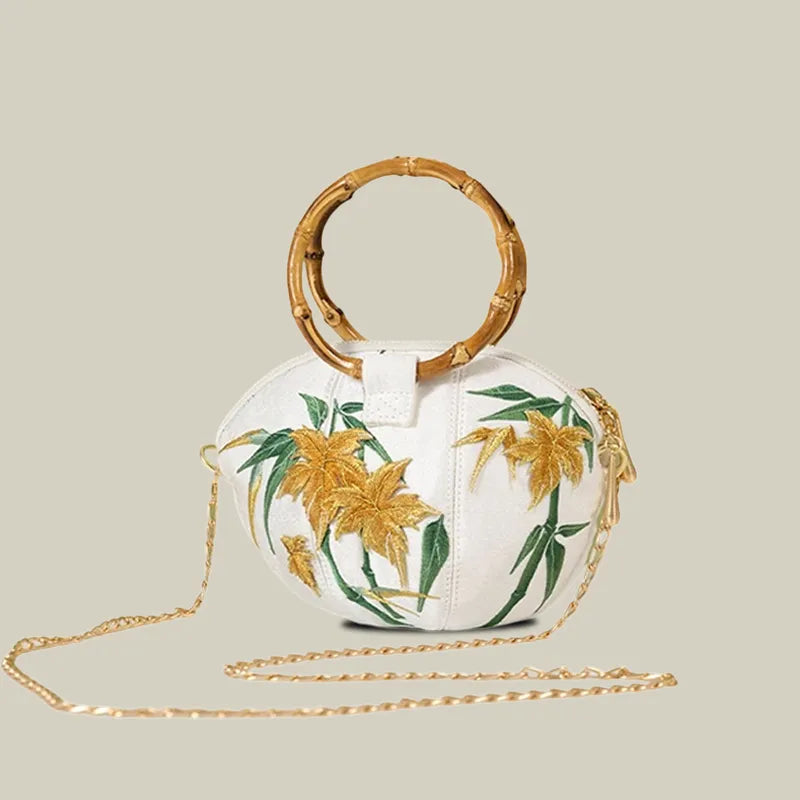Maple Leaf Embroidered Pumpkin Handbag with Bamboo Handle