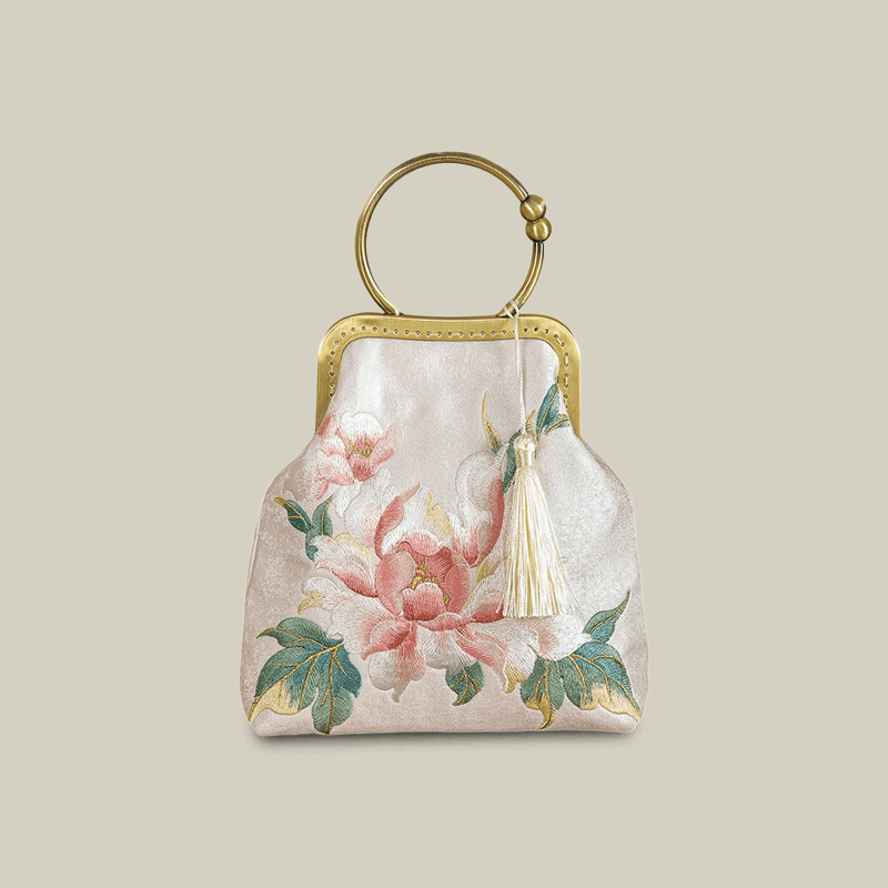 Peony Embroidered White Handbag with Metal Kiss-Lock