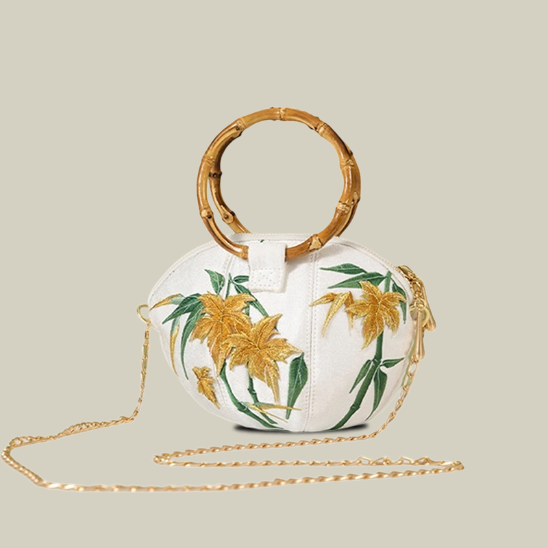 Maple Leaf Embroidered Shell Handbag with Bamboo Handle